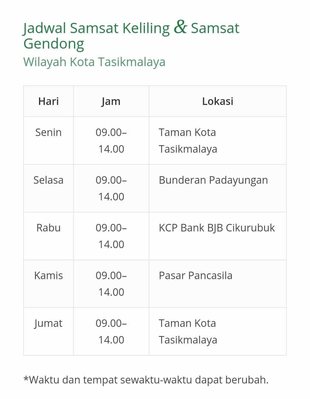 Jadwal Samsat Keliling Kota Tasikmalaya Mei 2023